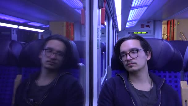 Young Man Yawning German Train Night Almost Falling Asleep — Vídeo de stock