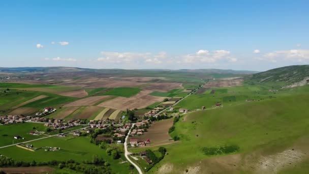 Aerial View Farmland Terrain Transylvania Romania Beautiful Blue Sky Horizon — Stockvideo