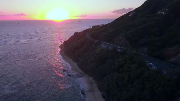 Drone Shot Beautiful Sunset Base Diamond Head Island Oahu Hawaii — Stock Video