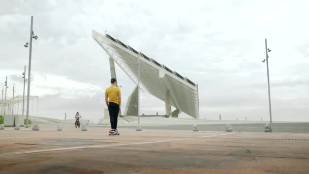 Young Attractive Trendy Man Skateboarding Fast Solar Panel Morning Sunny — Stock videók