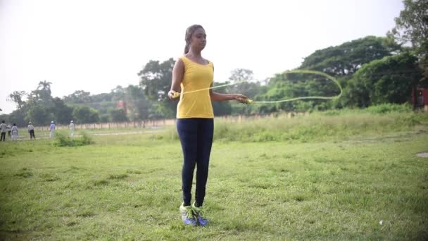 Cute Young Girl Doing Skipping Rope Ground Morning Sunrise Slow — Wideo stockowe