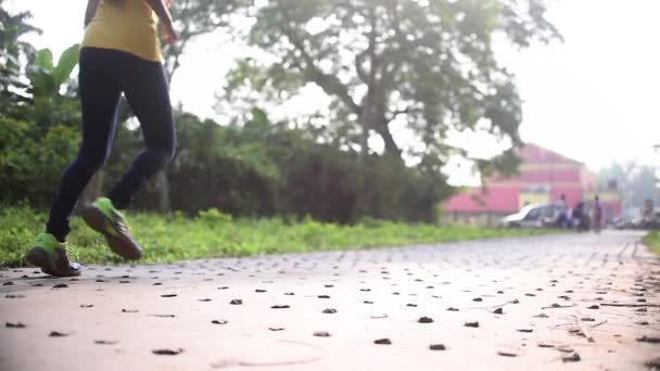 Young Girl Jogging Road Going Away Camera Morning Sunrise Evening — Wideo stockowe