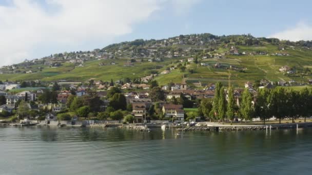 Luftumlaufbahn Über Dem Lake Lman Vor Cully Lavaux Schweiz Kajak — Stockvideo