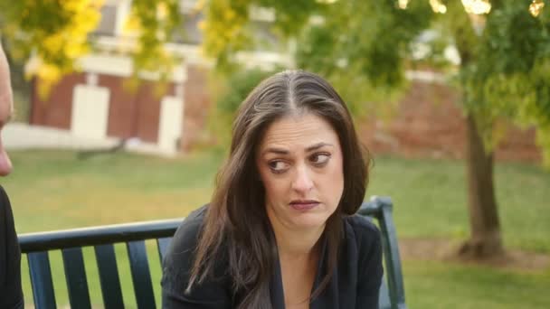 Crying Woman Bench Having Serious Conversation Bites Lip Ponders — Stockvideo