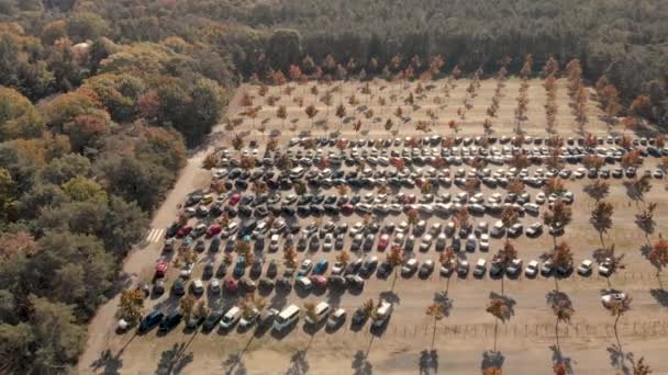 Sideway Aerial Drone Shot Parking Space Middle Forest Cars Parked — Stok Video