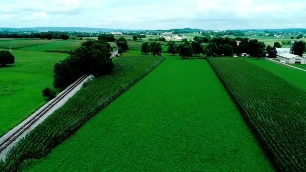 Träna Spår Amish Landsbygden Och Jordbruksmark Som Ses Drönare — Stockvideo