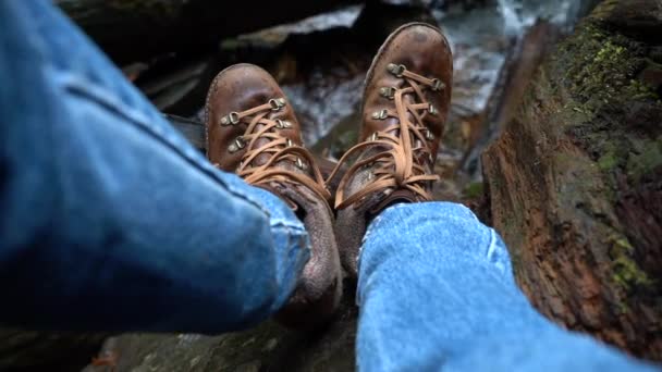 Hiker Relaxing Log Creek — 비디오