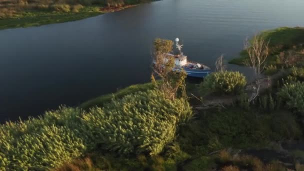 Aerial Video Old Abandoned Boat Delta Water Northern California — Stock videók