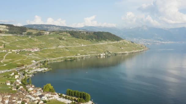 Hoch Über Cully Und Lake Lavaux Weinberg Hintergrund Schweiz Und — Stockvideo