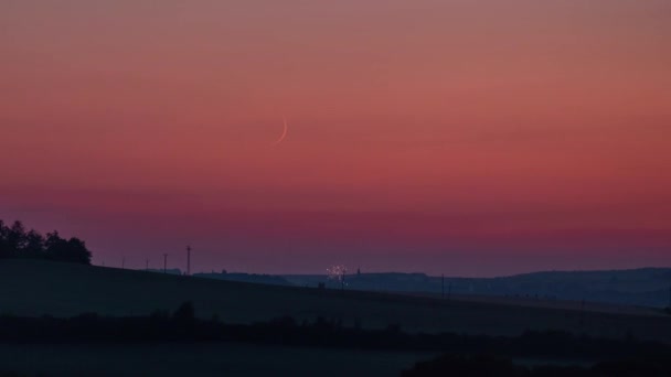 Crescent Moon Set Time Lapse Orange Sky Short Fireworks Horizon — Vídeos de Stock