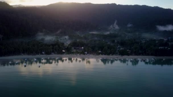 Aerial Beautiful Divine Sunrise Hilltop Wakening Sleepy Fishing Village Philippines — Wideo stockowe