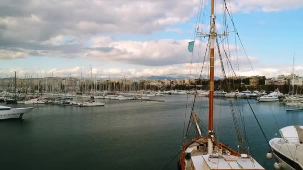 Aerial Shot Marina Athens Greece Sailboat Yachts Moored Pier — Stockvideo