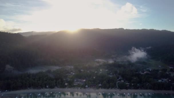 Aerial Filipino Fishing Village Moody Morning Sun Rising Hilltop Philippines — стоковое видео