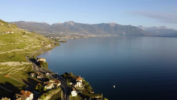 Flying Sideways Houses Road Lake Lman Vaud Switzerland Saint Saphorin — Stockvideo