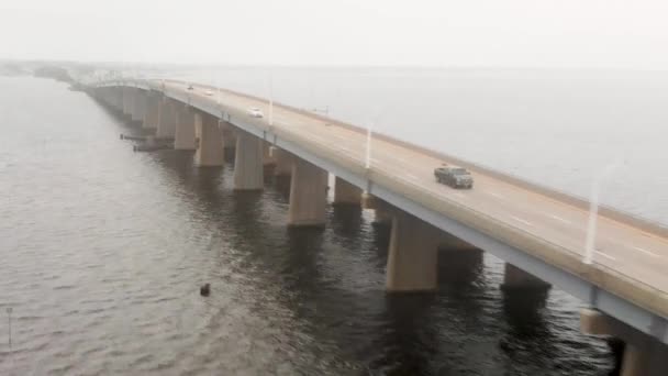 Aerial Shot Cars Trucks Move Multilane Long Raised Bridge Massive — Stok video