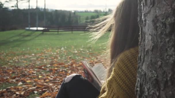 Fata Adultă Stă Sub Copac Citind Carte Peisajul Toamnă Relaxantă — Videoclip de stoc