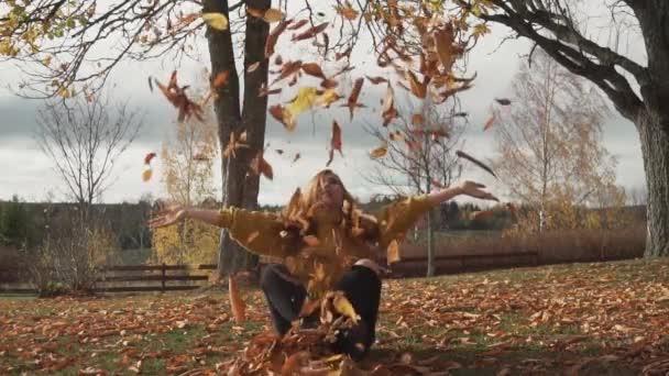 Vuxen Flicka Kastar Löv Sittande Träden Med Höstfärger — Stockvideo