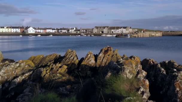 ダンフライ島のホソーン島とガロウェイ島の小さなスコットランドの村の景色と港に停泊する小さなボート — ストック動画