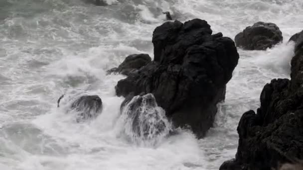 Rough Φθινοπωρινή Παλίρροια Συντρίβεται Σκοτεινά Βράχια Στο Μικρό Χωριό Του — Αρχείο Βίντεο