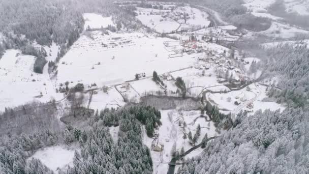 冬雪覆盖的森林间的村庄 — 图库视频影像