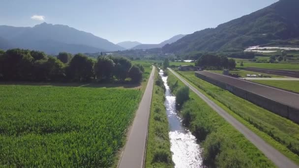 Aerial Panoramic View Biker Views Sugana Valley Italy Drone Flying — 图库视频影像