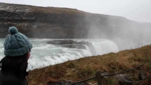 Perfil Mujer Joven Viendo Una Gran Cascada — Vídeos de Stock