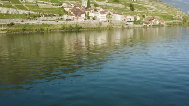 Letectvo Odhalilo Vesnici Saint Saphorin Přijíždějící Jezera Lman Lavaux Švýcarsko — Stock video