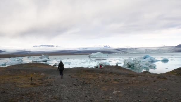 Weite Landschaft Folgt Junger Frau Zur Gletscherlagune — Stockvideo