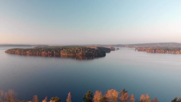 Révélant Beaux Arbres Jaunes Revenant Une Vue Hauteur Sur Lac — Video