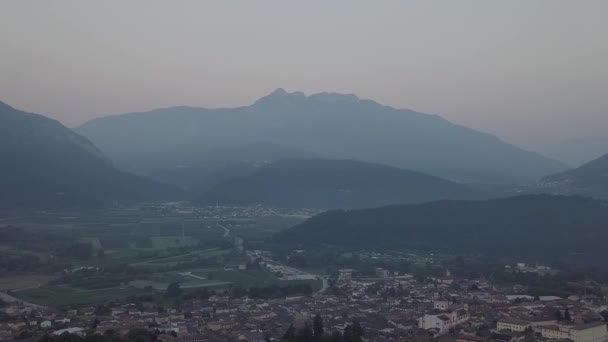 Aerial Panoramic View Levico Terme Italy Sunrise Drone Panning Left — 图库视频影像