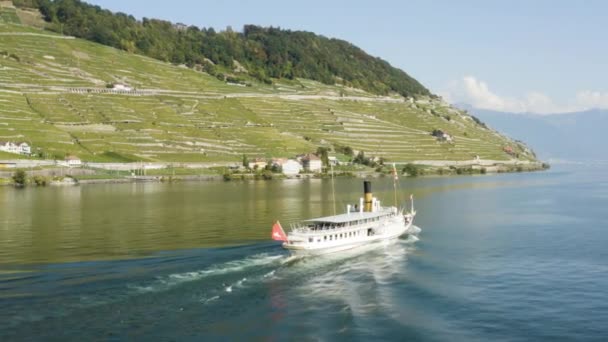 Luchtfoto Achter Cgn Stoomschip Belle Epoque Lake Lman Voor Lavaux — Stockvideo