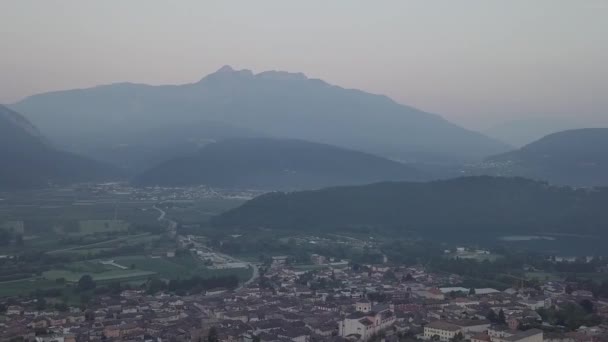 Aerial Panoramic View Levico Terme Italy Sunrise Drone Panning Left — ストック動画
