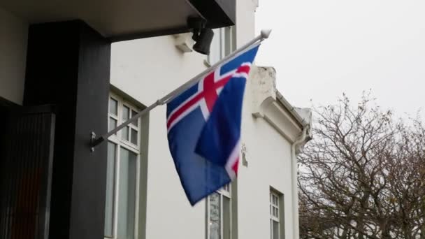 Close Shot Icelandic Flag Side Building — Stock Video