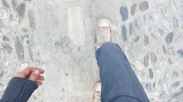 Pov Shot Boy Walking Traditional Spanish Cobblestone Street — Wideo stockowe