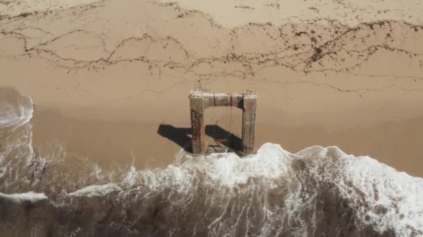 Aerial View Old Broken Pier Made Cement Middle Ocean Santa — Stock video