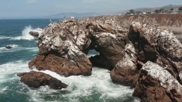 Птицы Сидящие Арочной Скале Океане Волнами Разбивающимися Возле Шоссе Заливе — стоковое видео