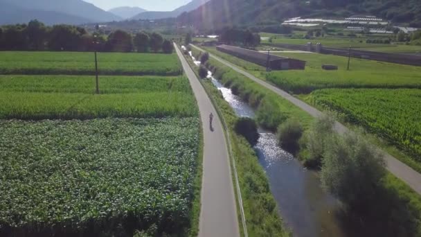 Aerial Panoramic View Biker Views Sugana Valley Italy Drone Flying — Stock video