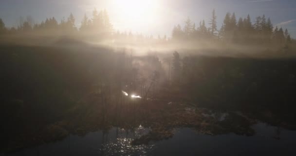 Aerial View Sunbeam Reflections Shining Mist Lake Variation — Stock videók