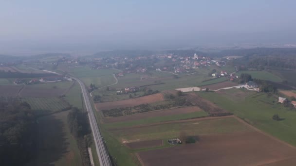 High Altitude Aerial View Farmland Village Cresnjevec Countryside Slovenia Foggy — Stock Video