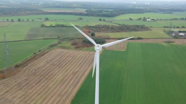 Aerial Shot Moving Close Wind Turbine British Countryside — Stock videók