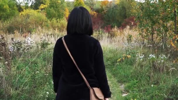 Shot Girl Walking Park Autumn Colors While Swatting Away Flies — Stock video