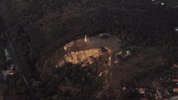 Wide Aerial View Drazovce Castle Sunset — Stockvideo