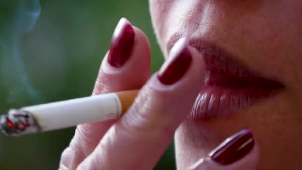 Extreme Close Beautiful Woman Smoking Cigarette Outdoors — Stock videók