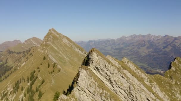 Fast Aerial Orbit Summit Cross Top Alps Background Autumn Colors — Stockvideo