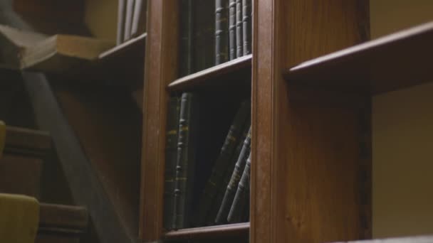 Old Books Bookshelf Tilt Shot — Stok Video