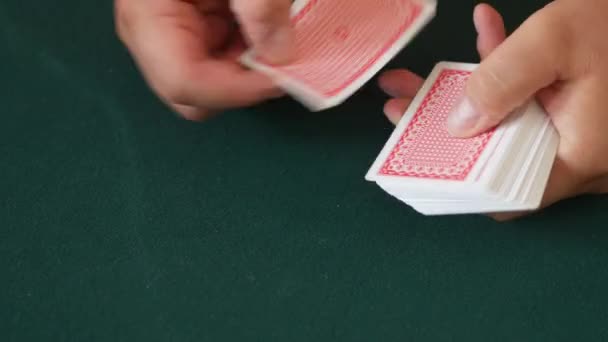 Close Casino Dealer Hands Deals Playing Cards Fans Out Cards — Stok video