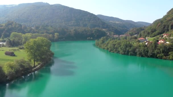 Aerial Video Lake Most Soci Slovenia Flying Idyllic Lake — Vídeo de Stock