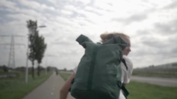Beautiful Young Blonde Woman Backpack Riding Bike Bike Path Myrte — Vídeo de Stock