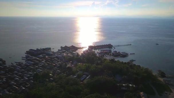 Aerial Flight Local Village Ocean Golden Sky Background Malaysia Extreme — Video