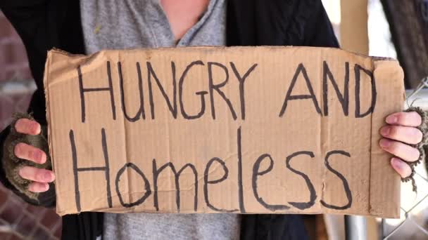 Close Handheld Shot Homeless Women Holding Sign Saying Hungry Homeless — Stockvideo